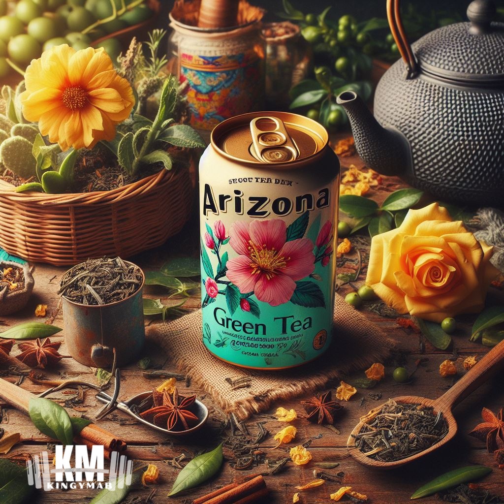 Bottle of Arizona Green Tea is surrounded with flowers