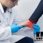 An orthopedic examines a woman's leg she has Plantar fasciitis